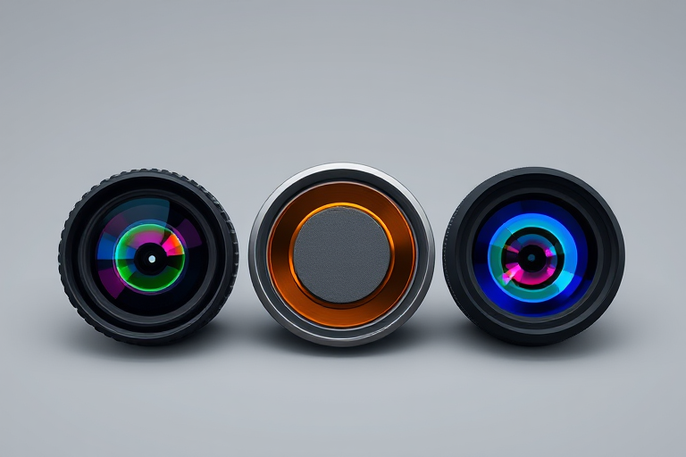 Create a high-resolution vector-style image featuring four colorful lens aperture designs in a row, with a gray center, using a Canon EOS R camera with a 50mm lens, f/2.8 aperture, ISO 100, shooting from a top-down view, utilizing a soft focus background to enhance simplicity and focus on the vibrant colors of the lens designs.