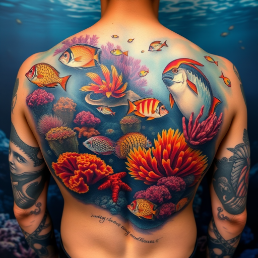 Stunning realism tattoo on the back, depicting a lifelike underwater scene with colorful coral reefs and tropical fish, employing hyper-realistic shading and color blending for an incredibly detailed result