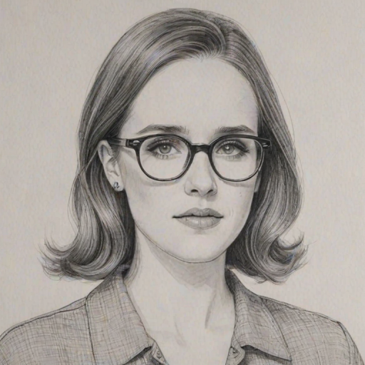 Wonderful Rachel Brosnahan, pencil sketch, portrait of Enchanting woman 1966s in glasses, hair style beatnik, outline, clear lines, fine lines, 8k