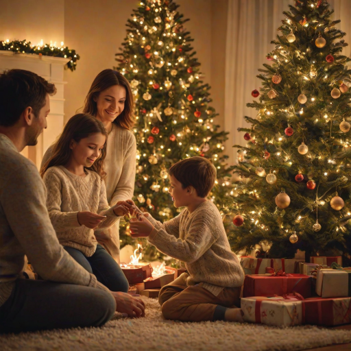 Warmly lit image of a family decorating a Christmas tree, soft golden light from the tree's lights illuminating their faces, with festive ornaments and a cozy fireplace in the background.