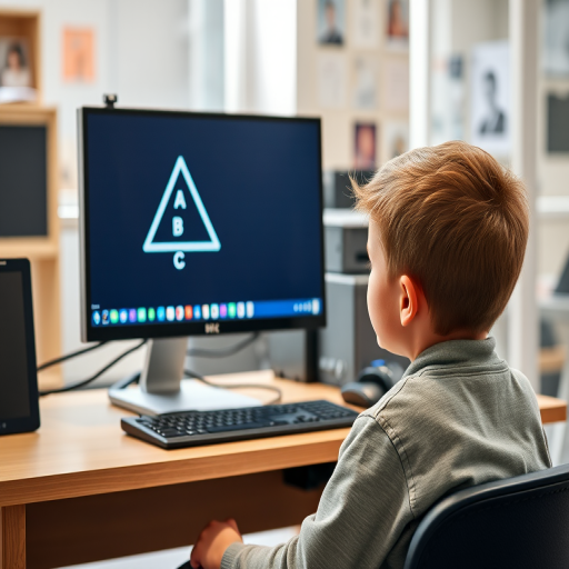 A boy sitting at a desk with a computer displaying a triangle labeled A, B, and C, captured using a DSLR camera at f/2.8 aperture and ISO 100, shot from a slightly elevated angle to emphasize the desk setup, in a bright indoor environment with soft lighting for enhanced clarity.