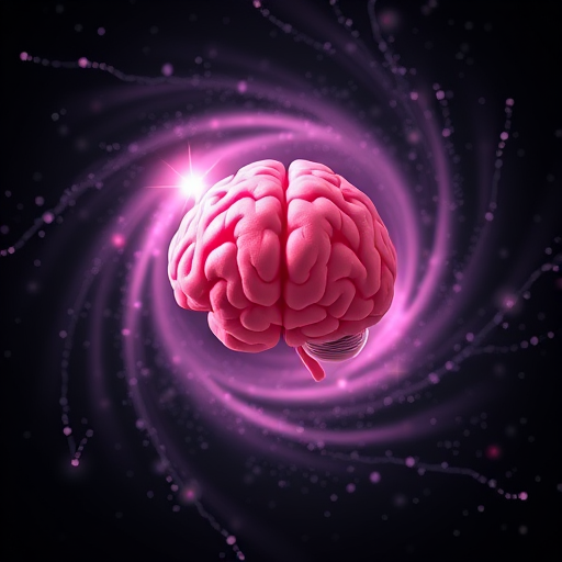 Create an image of a pink brain at the center of a swirling vortex of light and stars with a black background, using a DSLR camera, 50mm lens, f/2.8 aperture, ISO 100, shutter speed 1/60s, and a focus on the brain for depth of field.