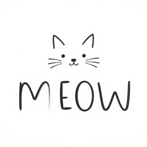 Create an image with a minimalist and cute design featuring the word "MEOW." Use simple black lines on a white background. The letter "M" should resemble a cat's face with ears and whiskers, and the letter "W" should also resemble an upside-down cat face. Add small blush marks on the cheeks of the cat faces for a charming touch.