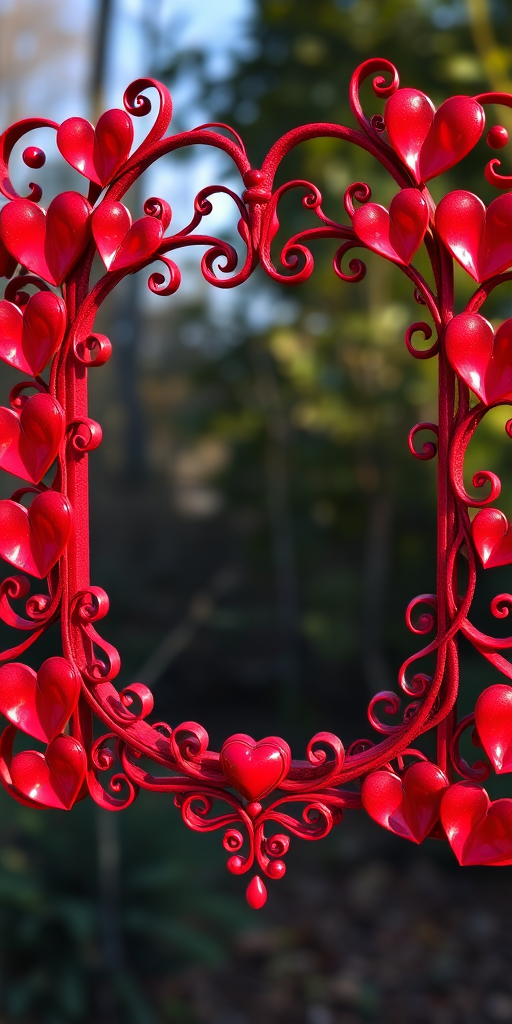 Create a high-resolution image of a red heart-themed frame with intricate detailing, using a DSLR camera with a 50mm lens, aperture set to f/2.8, ISO 100, and natural lighting for an enhanced visual effect.