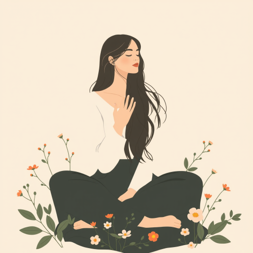 Create a minimalist illustration of a woman with long flowing hair sitting with her knees drawn to her chest, surrounded by delicate leaves and flowers in a soft beige background, shot with a Canon EOS R5, 50mm lens, f/1.8 aperture, ISO 100, natural lighting.