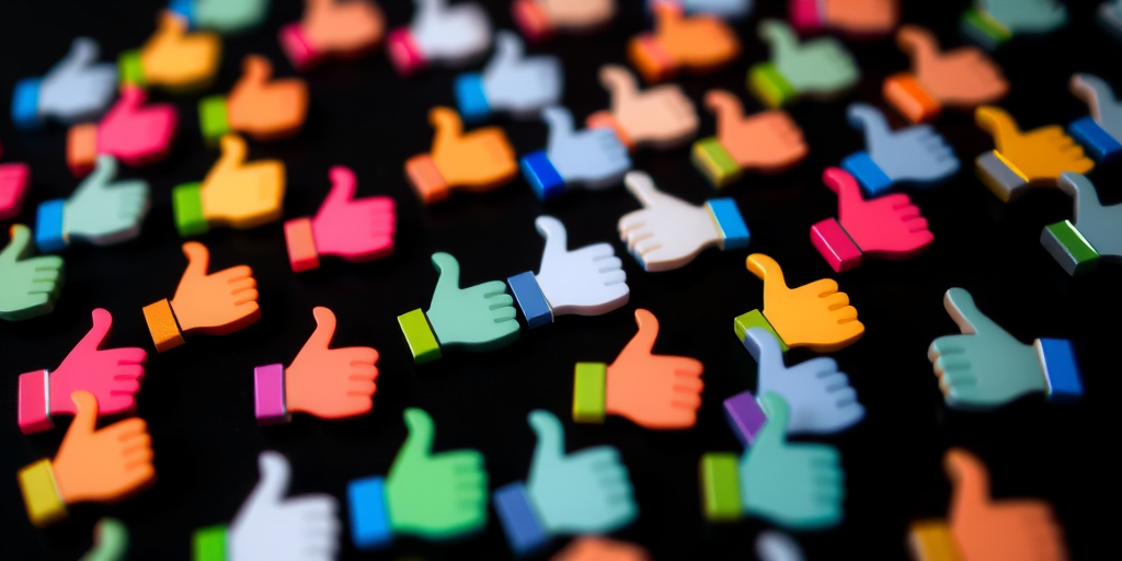 Generate a vibrant digital art image of colorful thumbs up icons scattered artfully on a black background, using a high-resolution camera with a 50mm lens, aperture set to f/2.8, ISO 100, and a soft-focus bokeh effect to enhance the visual appeal.