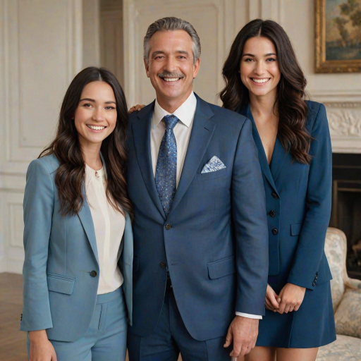 Create a heartwarming family portrait featuring two young women with long dark hair and a middle-aged man in a stylish blue suit all smiling together in an elegant indoor setting.