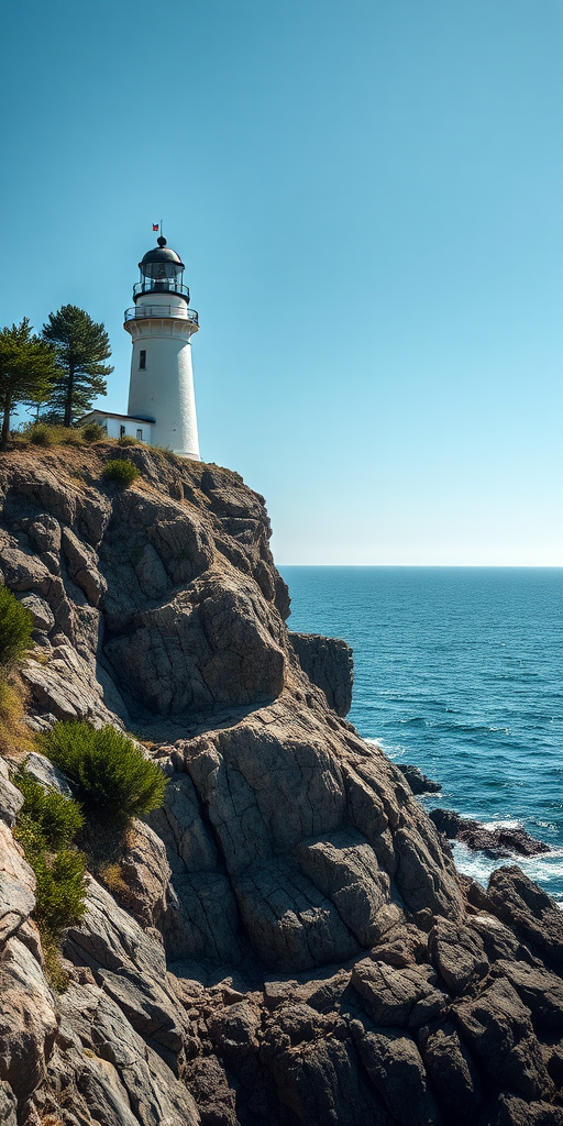 high-resolution image of a lighthouse on a rocky cliff by the ocean under clear skies, taken with a DSLR camera, 24mm lens, aperture f/11, shutter speed 1/250s, ISO 100, natural lighting, aerial view