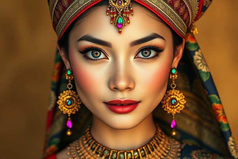 Create a portrait of a beautiful Thai woman with striking blue eyes and a gentle expression. She is adorned in traditional attire with intricate patterns, including a richly embroidered headscarf and matching garments. Her jewelry includes a delicate headpiece, dangling earrings, and ornate bracelets, all featuring vibrant gemstones and detailed metalwork. The background is soft and warm, enhancing the rich colors of her outfit and jewelry.