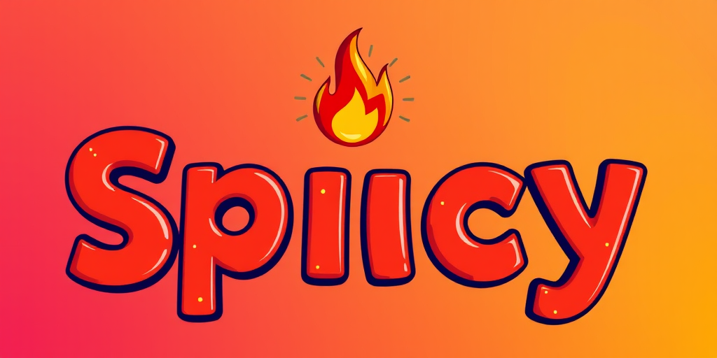 Create an image of the word "Spicy" in bold, playful fonts with a fire icon above it, set against a vibrant gradient background, using DSLR camera settings: ISO 100, f/2.8, 1/200 sec, viewed from a slight angle to add depth, in a colorful and bright artistic style.