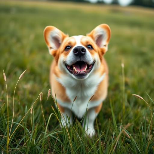 A playful corgi dog in a grassy field, low angle shot, 50mm lens, aperture f/2.8, ISO 200, natural lighting, focus on the dog's face with a blurred background.