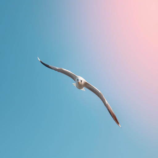 a seagull flying against a blue sky, captured with a Canon EOS 5D Mark IV, 200mm lens, f/4 aperture, ISO 100, shutter speed 1/2000s, focus on the bird in the foreground, shallow depth of field for a blurred background, natural light for enhanced color vibrancy