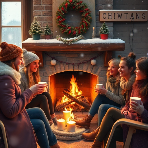 Cozy winter scene, with a group of friends gathered around a fireplace, hot cocoa in hand, sharing stories and laughter as snow falls softly outside.
