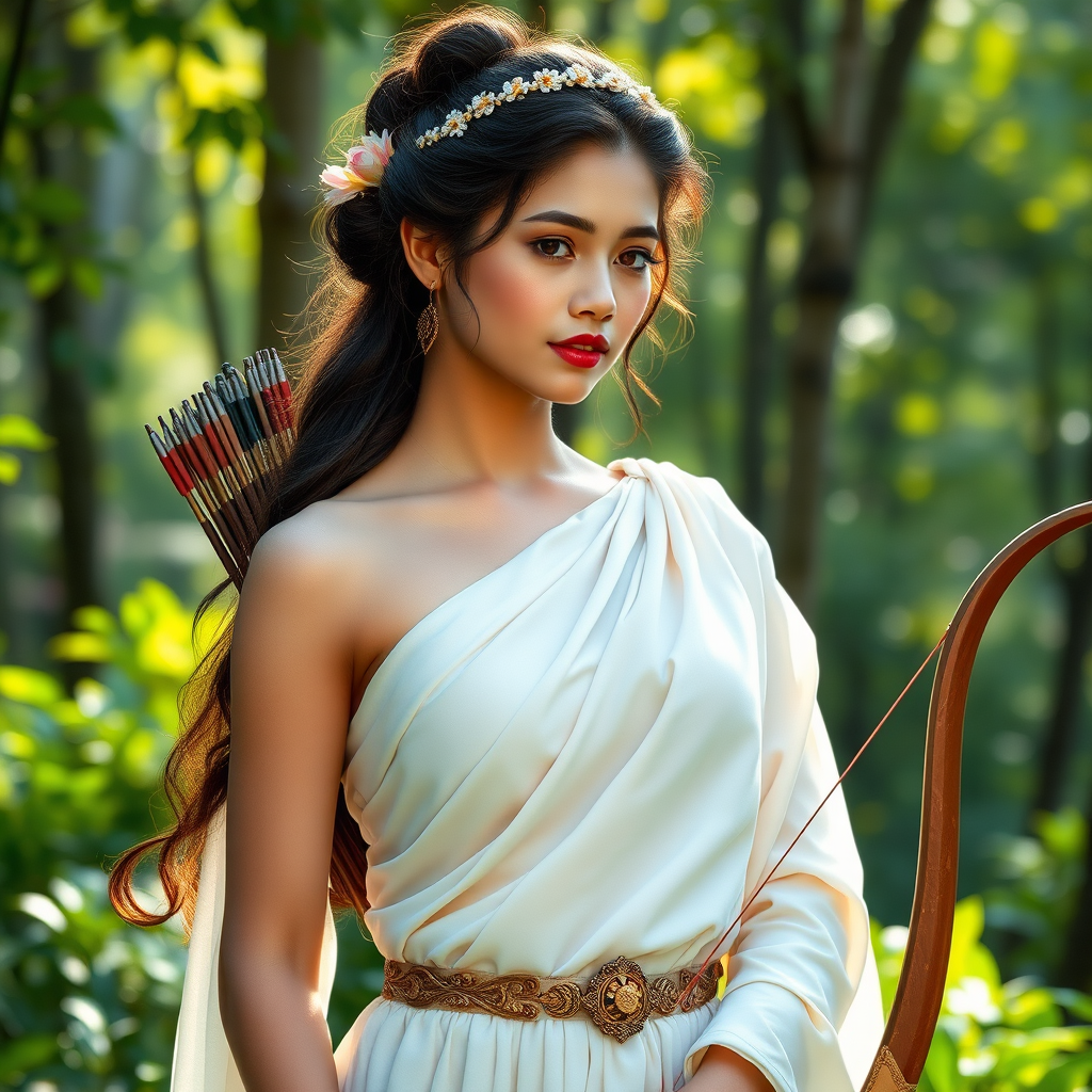 Create a portrait of a goddess-like Malay girl figure in a tranquil, forested environment. She has an elegant appearance with long, wavy hair styled in an updo and adorned with a delicate, floral headband. She wears a flowing, ancient Greek-inspired gown in a soft, pale color, featuring a one-shoulder design and draped fabric that accentuates her graceful form. The outfit includes a decorative belt with ornate gold detailing, and she holds a bow in her hand, with a quiver of arrows slung over her shoulder. The background depicts lush greenery, with sunlight filtering through the trees, casting a gentle, ethereal light on the scene. Her expression is calm and contemplative, embodying a sense of wisdom and serenity.