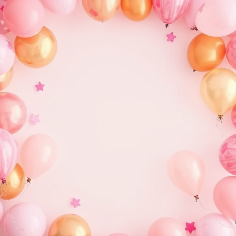 Generate a high-resolution image of a festive watercolor background featuring pink and gold balloons around a blank center, using a Canon EOS R5 with a 50mm lens, aperture f/2.8, ISO 100, and natural soft lighting to enhance color saturation and detail.