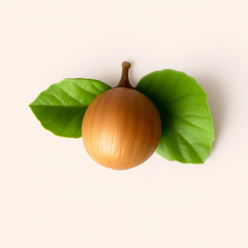 Create an illustration of a hazelnut with two green leaves, using a digital art style, capture with a high-resolution camera at f/2.8, 35mm lens, natural lighting, and shot from a top-down view to enhance the colors and details.