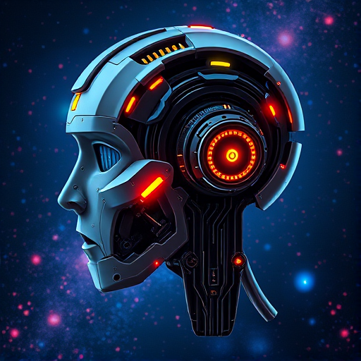 Create a highly detailed digital artwork of a humanoid robot head with a cosmic background, featuring intricate circuitry and glowing elements, captured with a DSLR camera at f/1.8 aperture, 35mm focal length, ISO 100, in a side profile view using a wide-angle lens for enhanced depth and clarity.