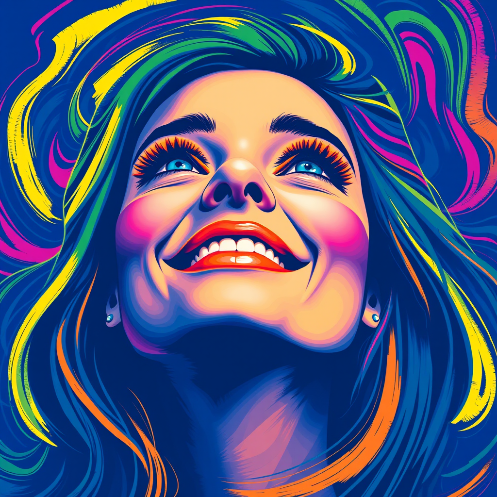 Generate a psychedelic portrait of a woman's happy face with brushstrokes of a woman smiling and looking up at the sky, emphasizing bright and bold colors. The dominant color should be deep blue, with swirling patterns of yellow, green, pink, purple and orange. open blue eyes with long eyelashes, apply an orange-yellow eyeshadow for a mesmerizing effect.