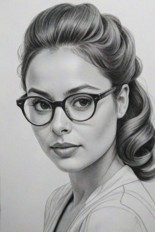 Delightful Aimee Carrero, pencil sketch, portrait of Pleasing woman 1953s in glasses, hair style beatnik, outline, clear lines, fine lines, 8k