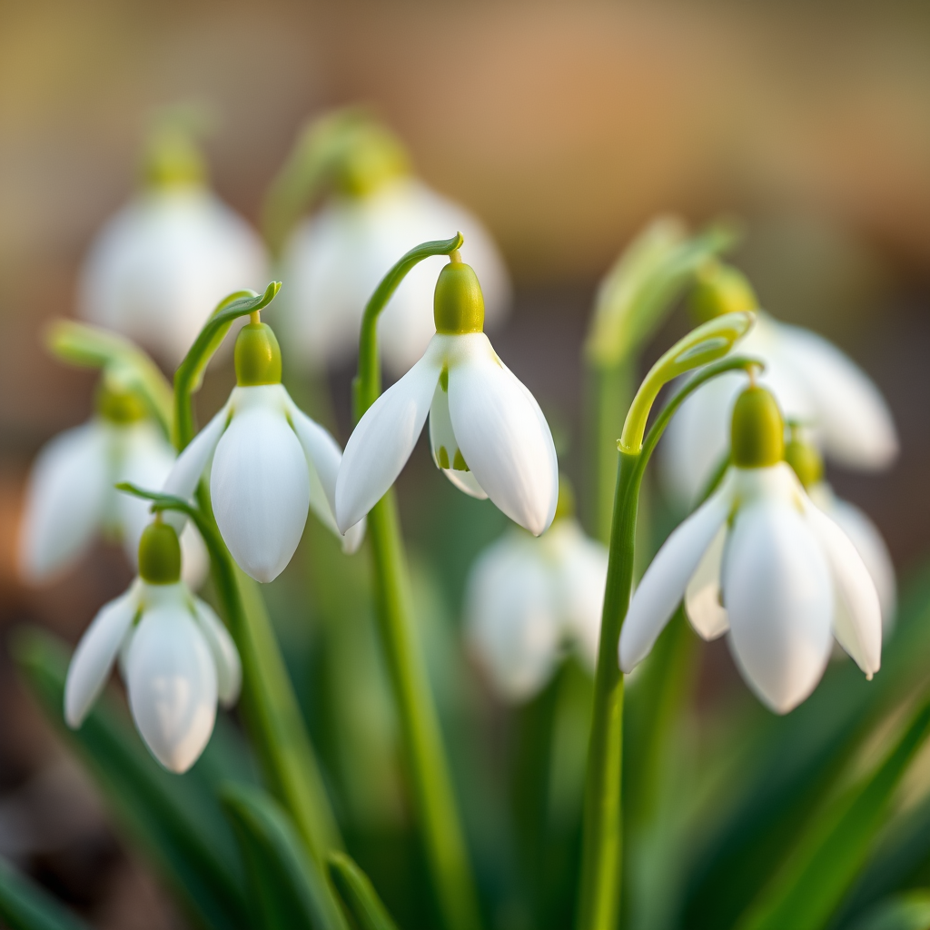 close-up of snowdrop flowers with green stems in soft focus, natural light, aperture f/2.8, ISO 200, shutter speed 1/125s, macro lens, taken with a DSLR camera, shallow depth of field