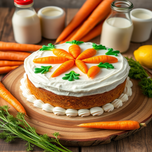 A beautifully decorated carrot cake on a wooden board with orange and green carrot decorations on the white frosting surrounded by fresh carrots and a few bottles of milk in the background.