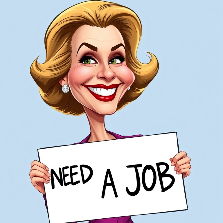 caricature of a smiling Lauren Bacall in a Vivid dress or suit, holding up a sign that says "NEED A JOB", no watermark,