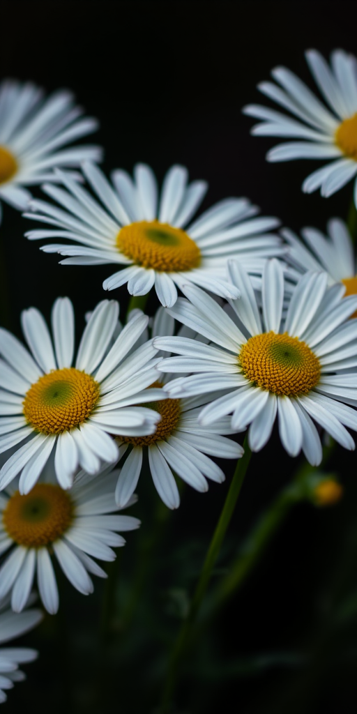 a close-up of vibrant white daisies with yellow centers against a dark background, low depth of field, f/2.8 aperture, 50mm lens, ISO 100, natural light, macro photography