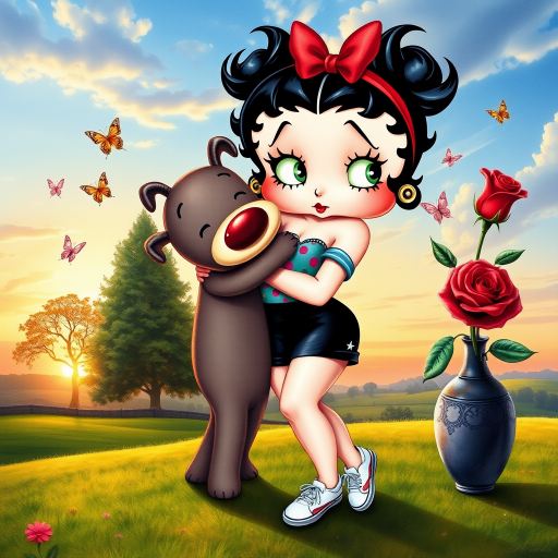 Luxury 3D HD realistic watercolor oil painting. Betty Boop with black hair in two messy buns. Red headband with big bow. He wears black shorts with a colorful t-shirt. White sneakers. She is standing hugging winnie the pooth next to a large vase with a tall red rose, There are trees and butterflies flying. The land with a beautiful lawn. Full body. Background of a sunset