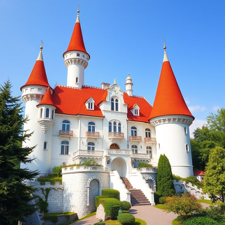Create a detailed illustration of a whimsical castle with white walls and prominent red roofs, shot with a DSLR camera at f/8 aperture, ISO 100, 50mm lens, in bright daylight for vibrant colors and sharp details.
