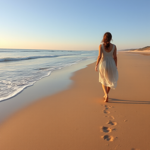 Deserted beach at sunrise, waves gently lapping against the shore, a woman in a light summer dress walks along the water's edge, her bare feet leaving faint impressions in the wet sand.