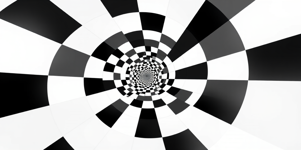 create a high-resolution spiral pattern of black and white checkered squares with depth and perspective, using a wide-angle lens at f/8 aperture, ISO 100, and a shutter speed of 1/125 sec, captured with a DSLR camera from a front view angle to enhance image quality.