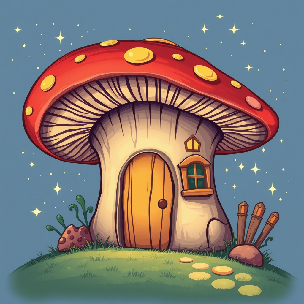 design illustration of a mushroom house with a door and a window, a storybook , fantasy art, mushroom house, bg starry sky, sparkles