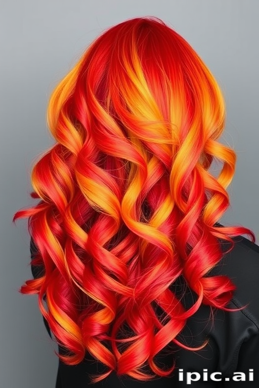 Fierce flame-inspired ombre from deep red roots to vibrant yellow tips, styled in voluminous curls for a bold and dynamic look named Phoenix Rising