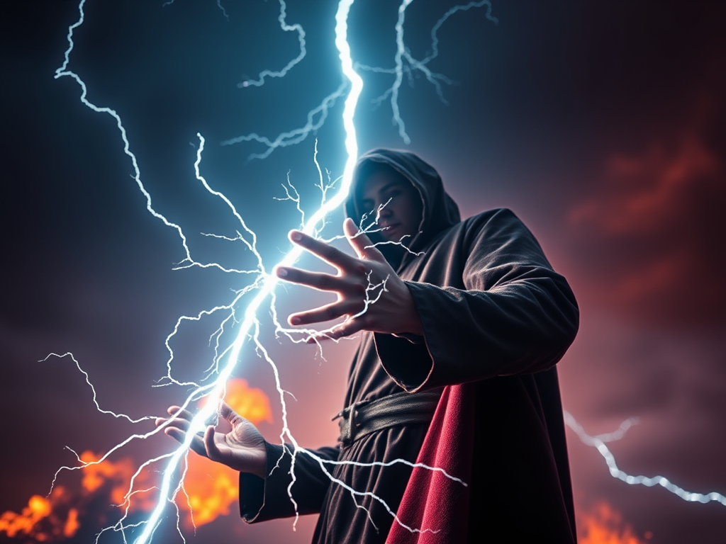 Create a dramatic scene of a figure in a hooded cloak manipulating lightning, with a fiery background and stormy atmosphere, using a DSLR camera with a 50mm lens at f/1.8, ISO 100, and a shutter speed of 1/200s, capturing a low angle view for dynamic perspective and vibrant colors.