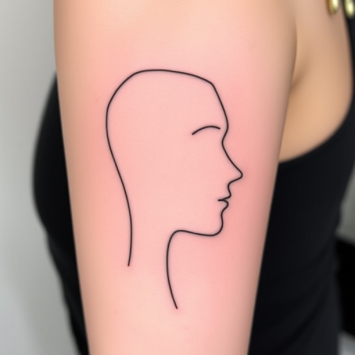 Minimalist single-line tattoo tracing the silhouette of a face in continuous motion, incorporating negative space and strategic line breaks to create a dynamic, abstract portrait