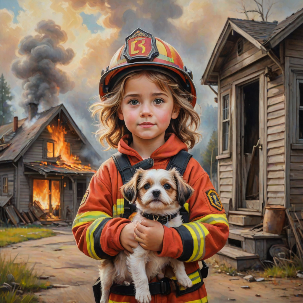 airbrushed oil painting, pixar style, cute little girl in fireman gear, helmet, tousled hair, expressive eyes, standing in the doorstep of a cottage burning behind him, holding a cute little dog in her arm, atumn sky