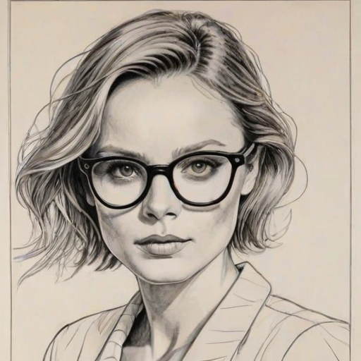 Graceful Stella McCartney, pencil sketch, portrait of Enchanting woman 1978s in glasses, hair style beatnik, outline, clear lines, fine lines, 8k