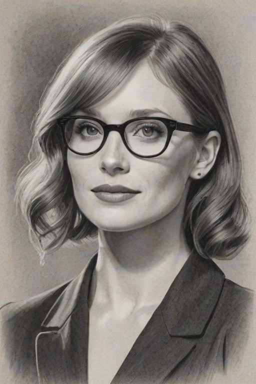 Appealing Bryce Dallas Howard, pencil sketch, portrait of Sublime woman 1942s in glasses, hair style beatnik, outline, clear lines, fine lines, 8k