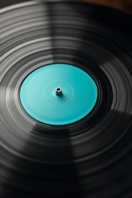 Create a high-resolution image of a vinyl record with a turquoise center, shot in macro view using a DSLR camera at f/2.8 aperture, 1/125 sec shutter speed, ISO 100, soft diffused lighting.