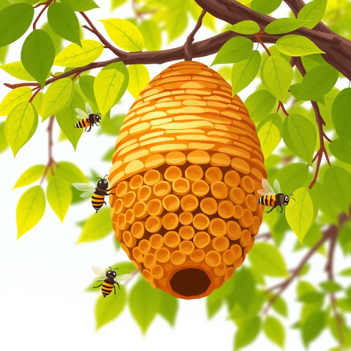 create a vector illustration of a beehive hanging from a tree branch with vibrant green leaves and three cartoon bees buzzing around, high-resolution, 300 DPI, 24mm lens, f/8 aperture, soft natural lighting, digital art style