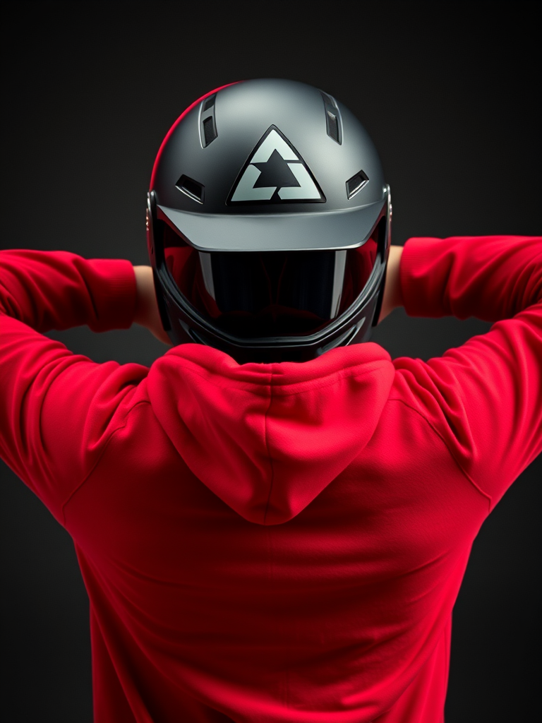 Generate an image of a person wearing a black helmet with a triangular symbol, dressed in a red hoodie, arms behind their head, captured with a DSLR camera set to f/2.8, ISO 100, 50mm lens, in a well-lit studio environment with a soft focus background.