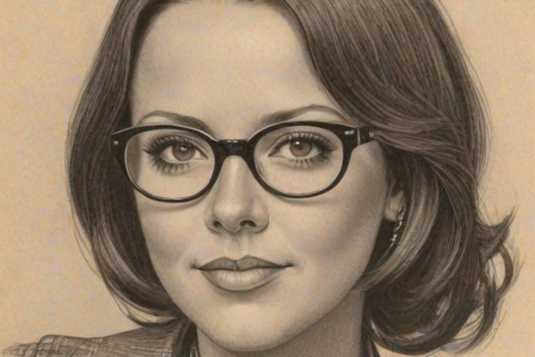 Delightful Sara Evans, pencil sketch, portrait of Beauteous woman 1925s in glasses, hair style beatnik, outline, clear lines, fine lines, 8k