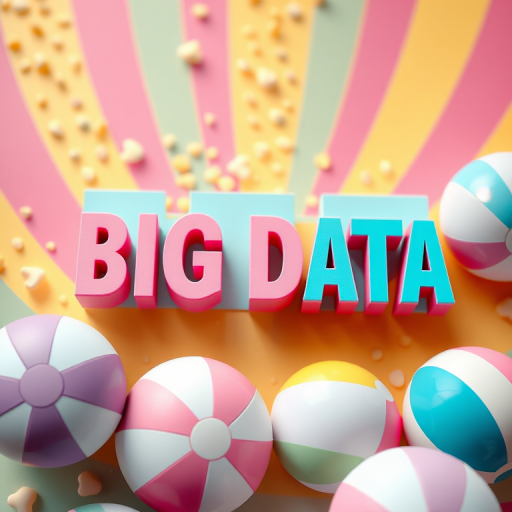 generate a vibrant, colorful background with the words "BIG DATA" in 3D text, incorporate beach balls with pastel colors, use a macro lens, aperture f/8, shutter speed 1/200s, ISO 100, top-down view, digital art style