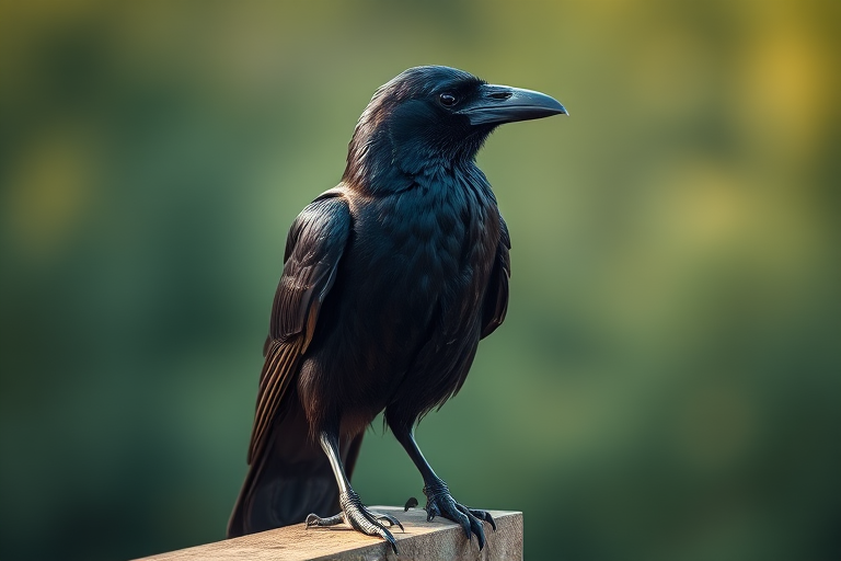 Create an ultra-detailed image of a raven perched on a ledge, captured with a Canon EOS 5D Mark IV, 85mm f/1.4 lens, aperture f/2.8, ISO 100, shutter speed 1/200 sec, in natural light with a shallow depth of field to enhance the texture of the feathers against a softly blurred background.