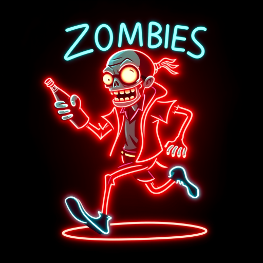 Create an image of a neon sign featuring a cartoon-style zombie in a dynamic pose, holding a bottle. The neon sign should glow in red against a dark background, making the character stand out prominently. The character should appear to be running, capturing attention with its vibrant color and action pose, perfect for advertising or decorative purposes.