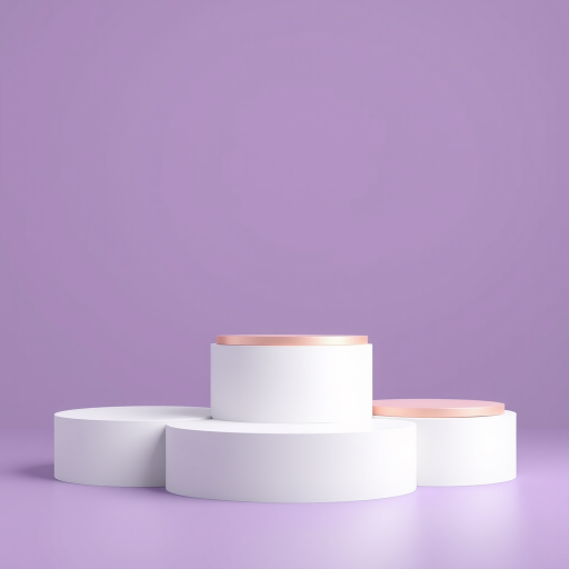 Create a minimalist 3D render showcasing three circular podiums in varying sizes, the largest in the center, all with a smooth, glossy surface and metallic rose gold tops, set against a soft gradient purple background, using a DSLR camera with a 50mm lens, aperture set to f/1.8 for a blurred background, shot from a low angle to emphasize the podiums, and in high resolution for enhanced clarity and detail.