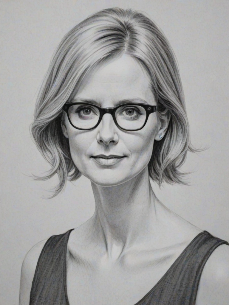 Comely Cynthia Nixon, pencil sketch, portrait of Appealing woman 1966s in glasses, hair style beatnik, outline, clear lines, fine lines, 8k
