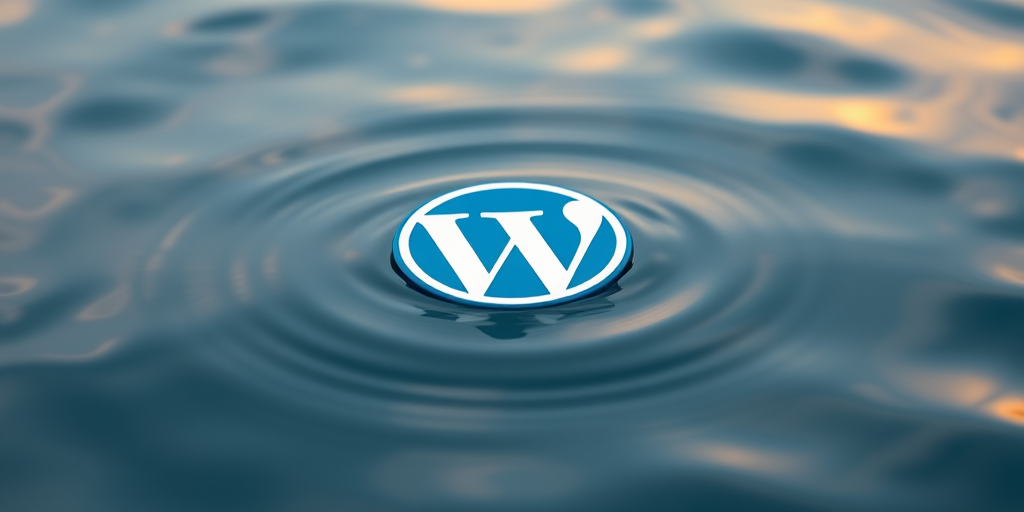 Create a high-resolution image of a blue and white WordPress logo floating on calm water, shot with a Canon EOS R5 at f/2.8, shutter speed 1/200s, ISO 100, using a wide-angle lens from a low angle perspective to capture reflections and textures of the water surface.