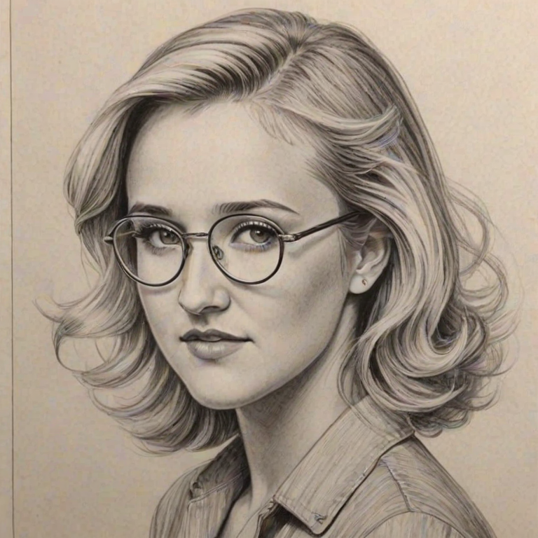 Magnificent Emily Osment, pencil sketch, portrait of Graceful woman 1943s in glasses, hair style beatnik, outline, clear lines, fine lines, 8k