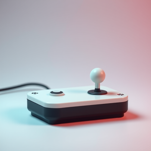 Create a high-resolution digital illustration of a retro arcade joystick with two white arcade buttons, soft lighting, and a smooth gradient background, using a Canon EOS R5 with a 50mm lens at f/1.8, ISO 100, and a shallow depth of field for a clean focus effect.